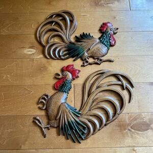 2 Rare Vintage MCM Midwest USA Metal Rooster Wall Hanging decor farmhouse